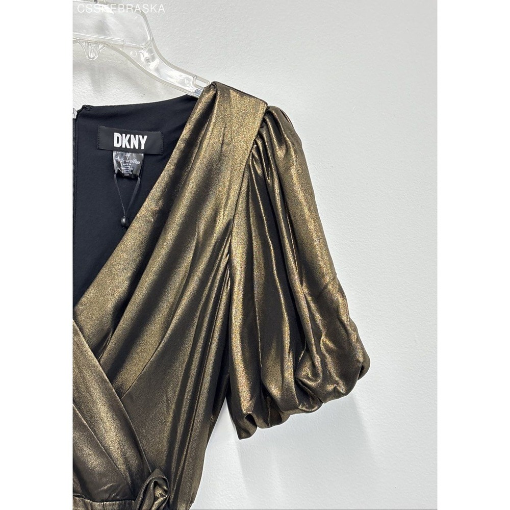 DKNY Gold/Brown NWT DKNY Women's Foil Chiffon Ruffle Skirt V-Neck Dress -Size 12 - Picture 3 of 9